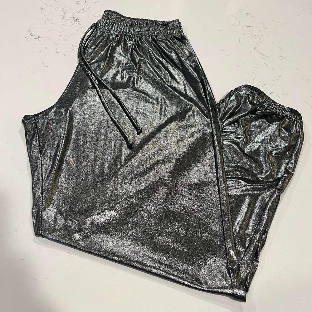 Kim & Cami Shiny Metallic Black Track Joggers